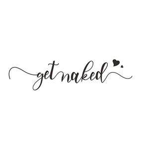 Modern black GET NAKED vinyl wall decal with small heart accents for bathroom decor