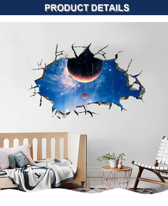 Detail showing 3D cracked wall effect planet wall sticker in a cozy nursery room