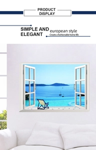 Dettaglio dell'adesivo murale finestra 3D vista mare con spiaggia in stile europeo