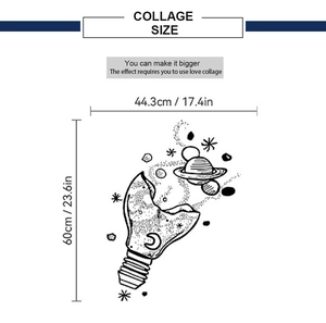 Detailed size chart for universe light bulb wall sticker with precise dimensions and layout