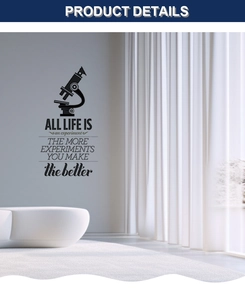 Detail of minimalist microscope wall decal featuring inspirational Emerson quote for laboratory
