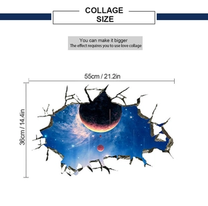 Detailed size chart showing 55x36cm dimensions of the 3D space galaxy wall sticker