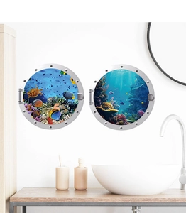 Detailed 3D porthole wall decal featuring sea turtles and tropical fish for bathroom decor