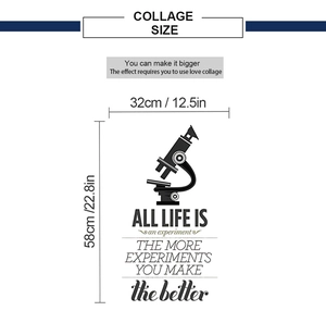 Detail showing vintage microscope wall sticker with motivational quotes and dimensions
