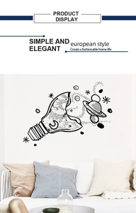 Creative black wall sticker featuring a shattered light bulb with space and planets design