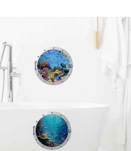 Detailed view of 3D submarine porthole wall stickers with sea turtles on bathroom tiles