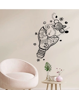 Detail of creative sketch lightbulb wall sticker featuring Saturn and cosmic stars