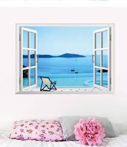 Decorazione camera da letto con adesivo murale finestra 3D vista mare e spiaggia