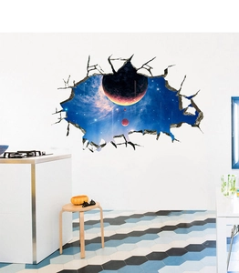 Detailed 3D cosmic wall sticker featuring planets and nebula with a broken wall effect
