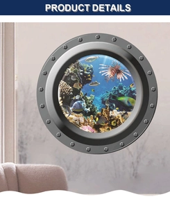 Détail d'un sticker mural 3D hublot de sous-marin avec poissons tropicaux et coraux