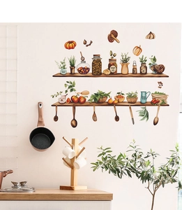Adesivo murale con mensole da cucina disegnate a mano, spezie, erbe e decorazioni zucca