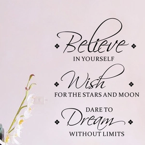 Inspirational 'Believe' English wall decals set in black artistic font for home decor