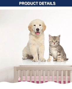 Detail showing a cute golden retriever puppy and gray tabby kitten wall decal in a nursery