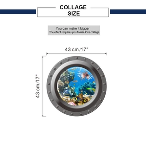 Détail du sticker mural hublot 3D avec scène de récif corallien, diamètre de 43 cm
