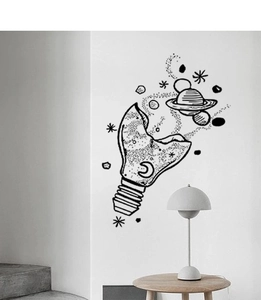 Creative wall sticker showing a light bulb filled with cosmic universe and planets art