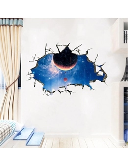 Detailed 3D outer space wall sticker with celestial planets and broken wall effect