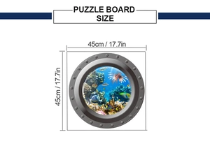 Détail du sticker mural 3D fenêtre sous-marine de 45cm avec dimensions et poissons tropicaux