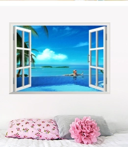 Dettaglio dell'adesivo murale finestra 3D con vista mare tropicale e palme