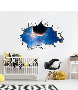Detail of 3D galaxy wall sticker with broken wall effect for cosmic nursery decor