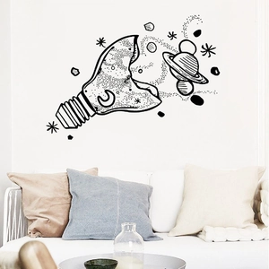 Creative Universe Inside Light Bulb Wall Sticker Sketch Style Space Saturn Moon PVC Decorative Decal For Bedroom Living Room