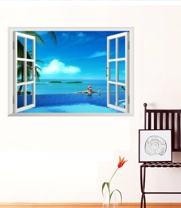 Dettaglio adesivo murale 3D con vista spiaggia tropicale, palme e piscina panoramica
