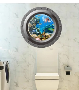 Sticker mural 3D hublot de sous-marin avec poissons tropicaux sur marbre blanc