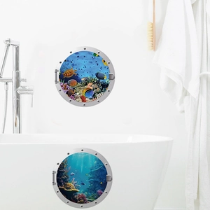 Submarine porthole wall stickers with tropical fish and sea turtles for bathroom decor