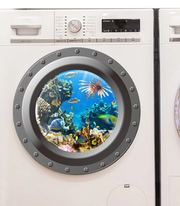 Sticker 3D monde marin avec poissons tropicaux et corail sur une porte de lave-linge