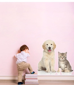 Cute golden retriever puppy and tabby kitten wall stickers in a cozy child's bedroom