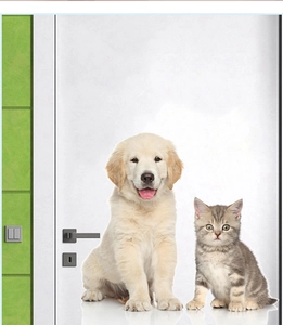 Realistic golden retriever puppy and grey tabby kitten decorative wall stickers on a white door