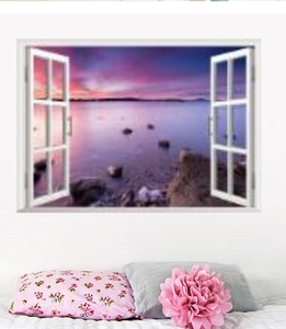 Adesivo da parete 3D a finestra con tramonto su lago viola per decorazione camera