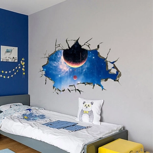 3D space universe wall sticker with realistic broken wall effect for kids room decor