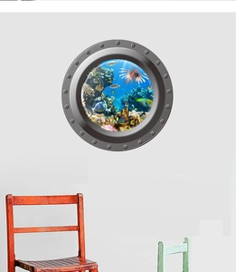 Sticker mural 3D hublot avec récif corallien et poissons tropicaux colorés