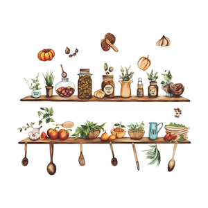 Adesivo murale cucina acquerello con mensole in legno, spezie, zucche e utensili vari