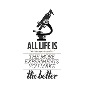 Vintage motivational science quote poster with microscope illustration and black lettering