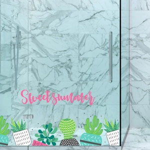 Modern minimalist green succulent wall stickers featuring Sweet Summer text for home decor
