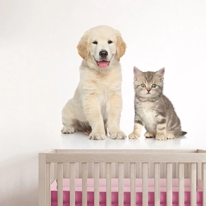 Cute golden retriever puppy and kitten wall stickers for nursery and pet room decor