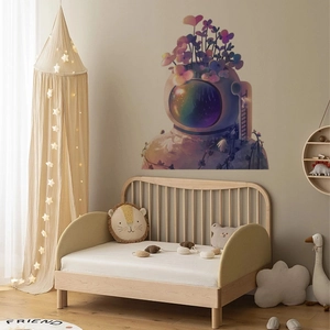 Space astronaut and purple floral wall decal for children bedroom and nursery wall decor