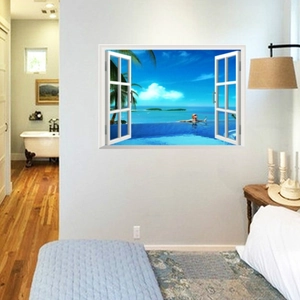 Adesivo murale 3D con vista mare e finestra finta per la decorazione domestica