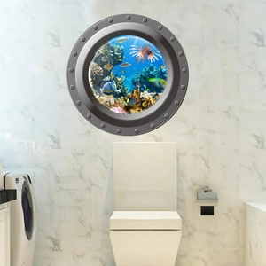 Sticker mural 3D hublot de sous-marin avec récifs coralliens et poissons tropicaux