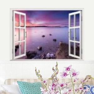 Adesivo murale 3D effetto finestra con tramonto sul mare per decorazione di interni