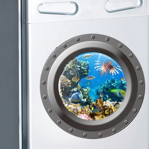 Sticker mural 3D hublot de sous-marin avec poissons tropicaux et décor sous-marin de corail