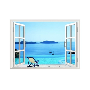 Adesivo murale 3D finestra aperta con vista mare e ponte piscina per decorazione casa