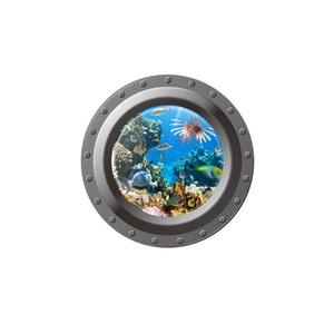 Sticker mural fenêtre 3D sous-marin avec récif corallien et poissons tropicaux