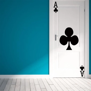 Minimalist black Ace of Clubs poker card door sticker decal on white modern door