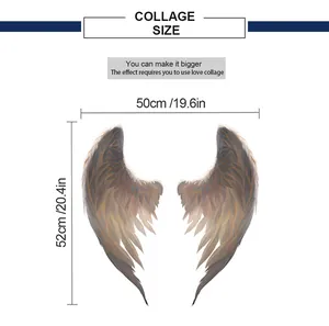 Detailed size chart for angel wings wall sticker showing 50x52cm dimensions in inches