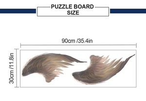 Detailed size chart showing feather wing wall decals measuring 90cm by 30cm in length