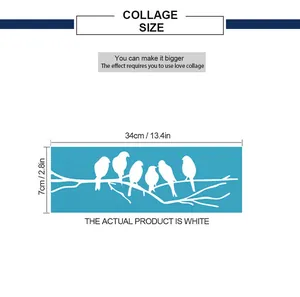 Size chart for white bird on branch wall sticker showing 34cm x 7cm measurements