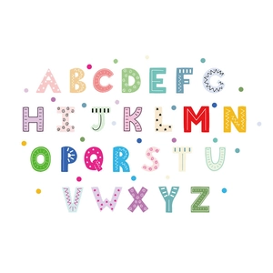 Stickers muraux alphabet A-Z colorés avec motifs pour décoration chambre d'enfant