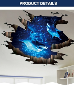 3D ocean dolphin wall sticker with broken wall effect and deep blue sea visual detail